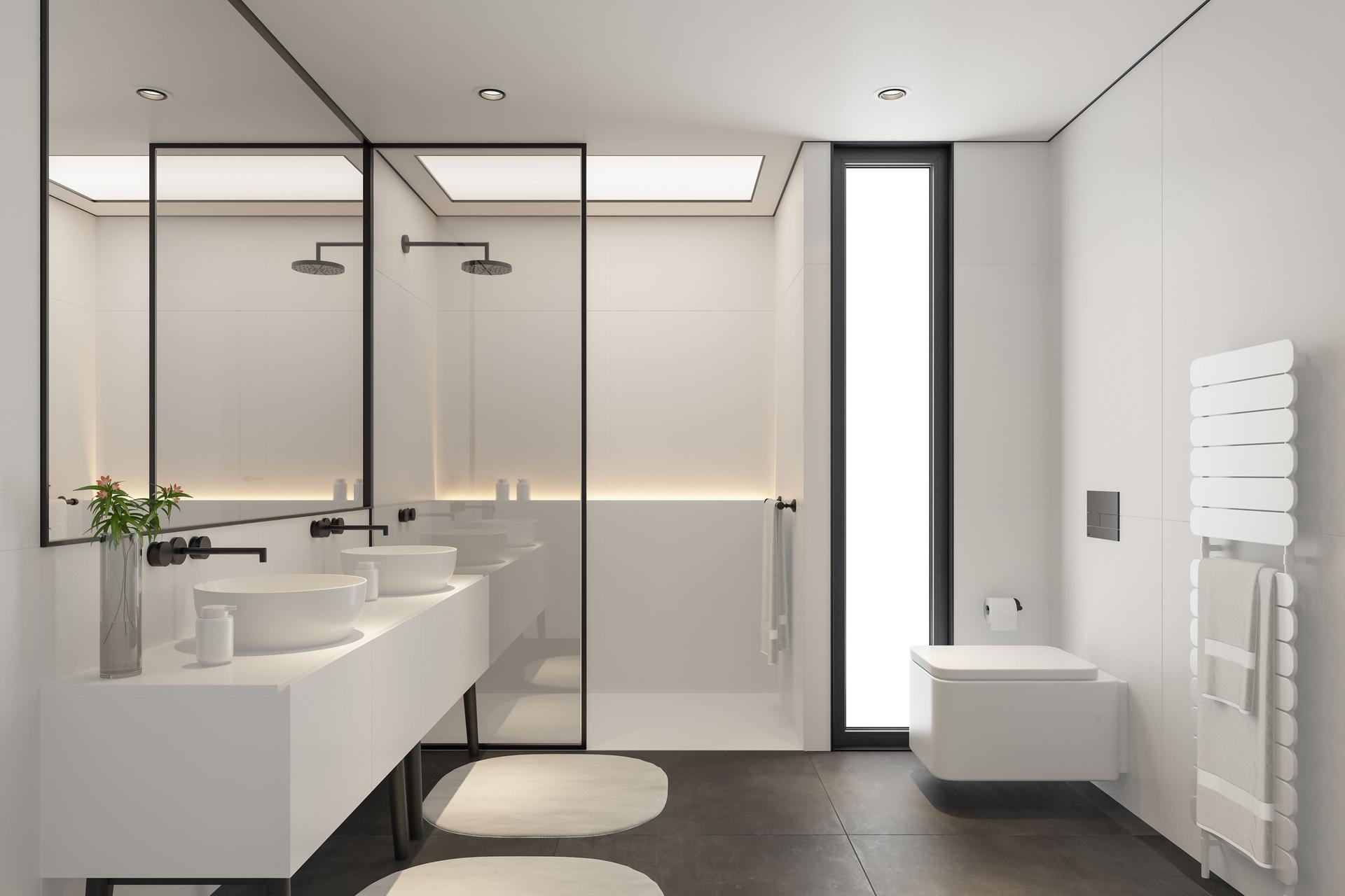 Modern Minimalist All-White Bathroom with Black Stone Floor and Luxury Black Details